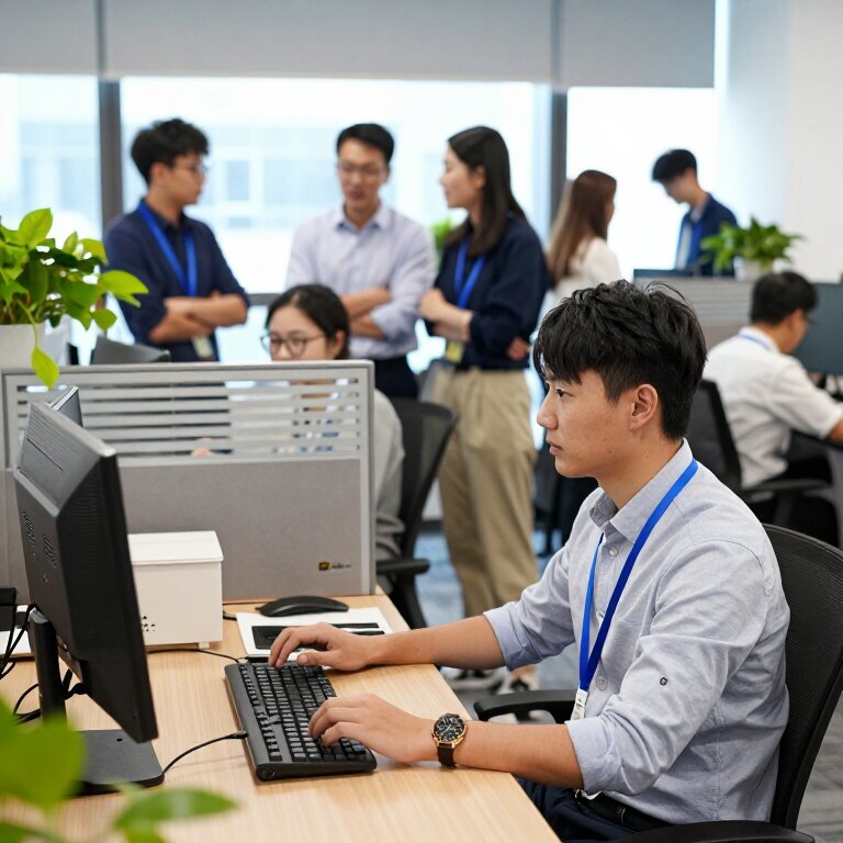 两个同事在办公室工位上，一个周围热闹有人围着聊天，另一个在角落独自敲键盘