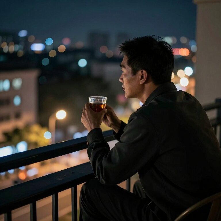 一个40岁男人独自坐在深夜的阳台上，手里握着一杯凉了的茶，城市灯光在远处模糊成光斑，背影孤独而沉默