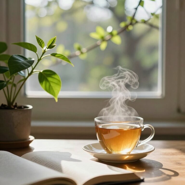 清晨阳光透过绿色植物叶片洒在书桌上，一杯热茶冒着热气，窗外春天的树木新绿吐芽，宁静中透着希望
