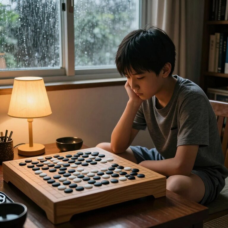 一个男孩坐在书房的地板上，面前摊开一盒围棋，黑白分明的棋子散落在棋盘上，他正托着腮思考下一步的落子，窗外的雨声淅淅沥沥地响着，房间里只开了一盏暖黄色的台灯，光线柔和地照在棋盘和他的脸上。