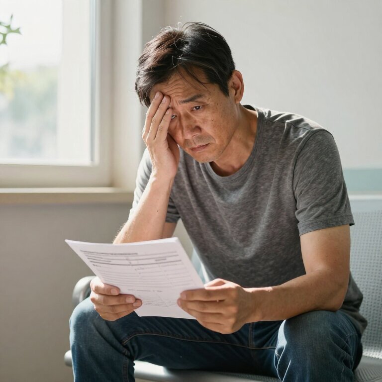 中年男人坐在医院长椅上，手里捏着体检报告，窗外阳光照进来，他眼神疲惫而迷茫