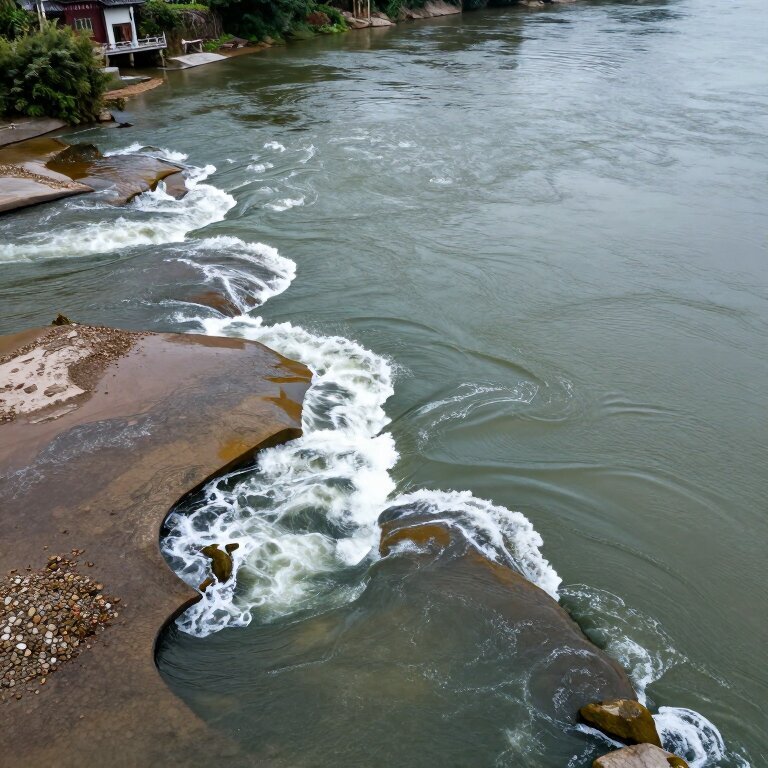 一条溪流汇入大河的俯拍画面，浅水区水少但急，深水区水面宽阔平缓，象征大运转换的顺畅感