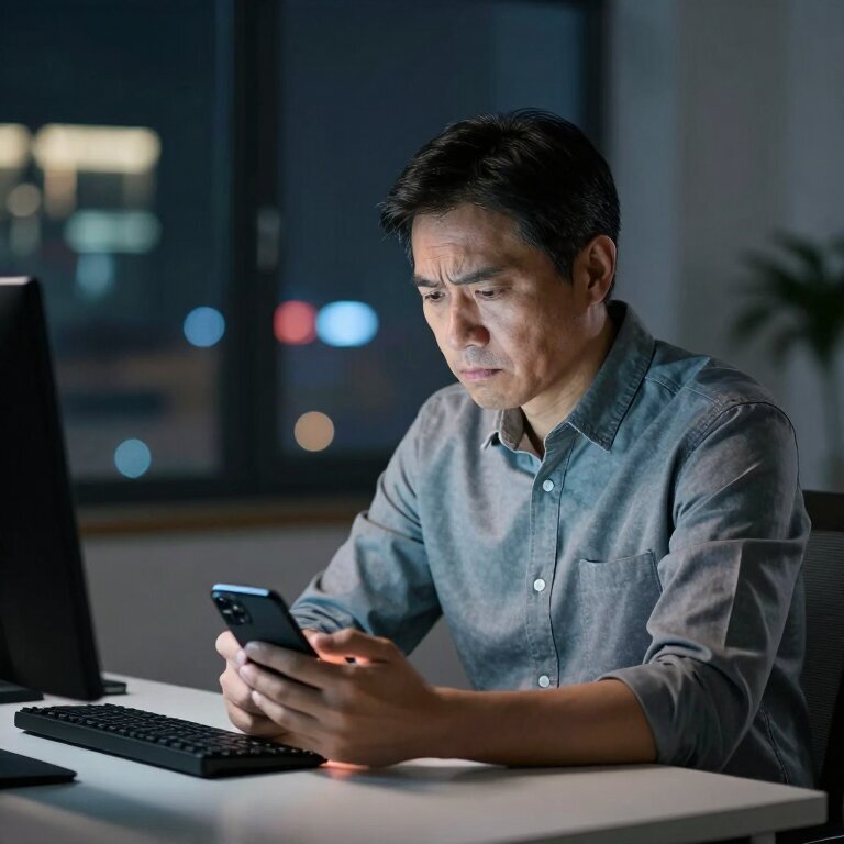 一位中年男子深夜独坐办公桌前,窗外城市灯火通明,他盯着手机银行余额出神,眉头微皱