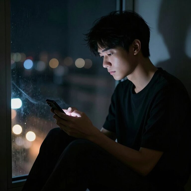一个年轻男人深夜独坐在窗边,窗外城市灯火零星,他低头看着手机屏幕,画面安静而落寞