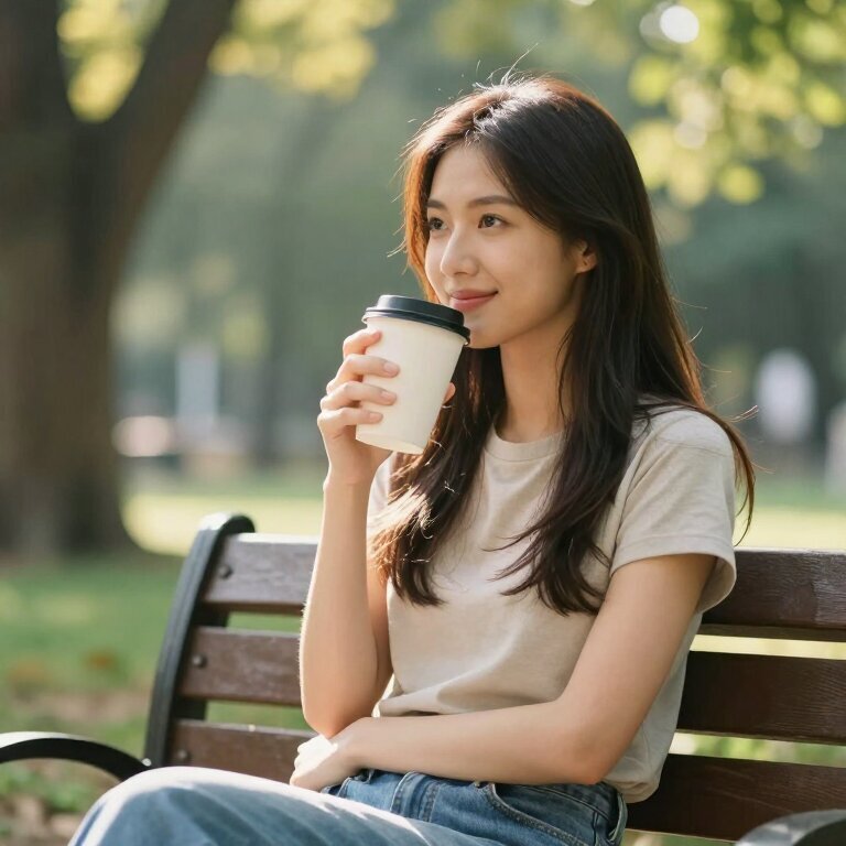 一个年轻女子在公园长椅上喝咖啡,阳光透过树叶洒在她身上,她微微笑着看向远方,画面温暖有希望