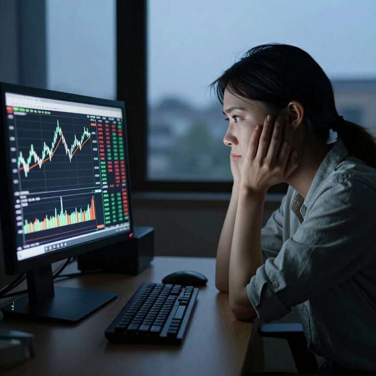 一个女人坐在电脑前,屏幕上显示期货K线图,窗外是黄昏,她一手托腮,表情疲惫