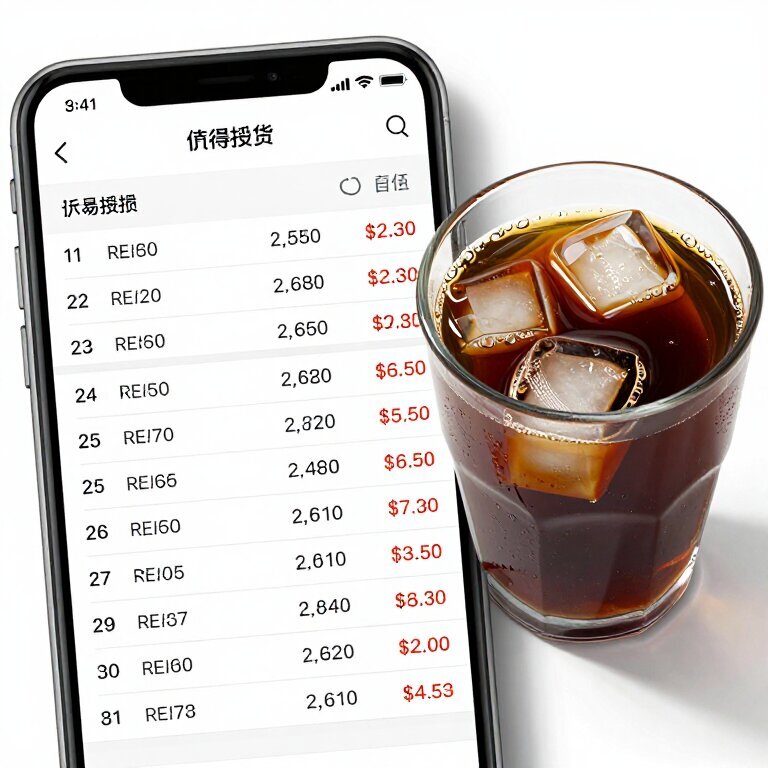 一张期货交易记录截图,显示几笔亏损的交易,旁边放着一杯凉了的咖啡