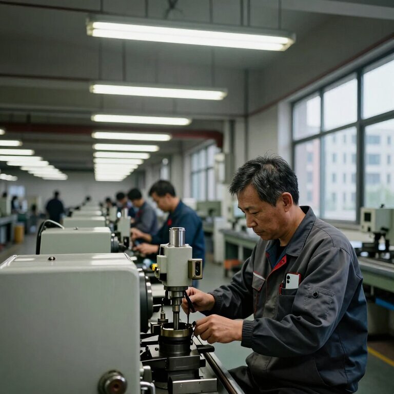 一间老工厂的车间全景,长排日光灯管泛着冷白光,一名穿工作服的中年男人独自坐在铣床前,口袋里露出半部手机,远处窗外是现代写字楼的轮廓