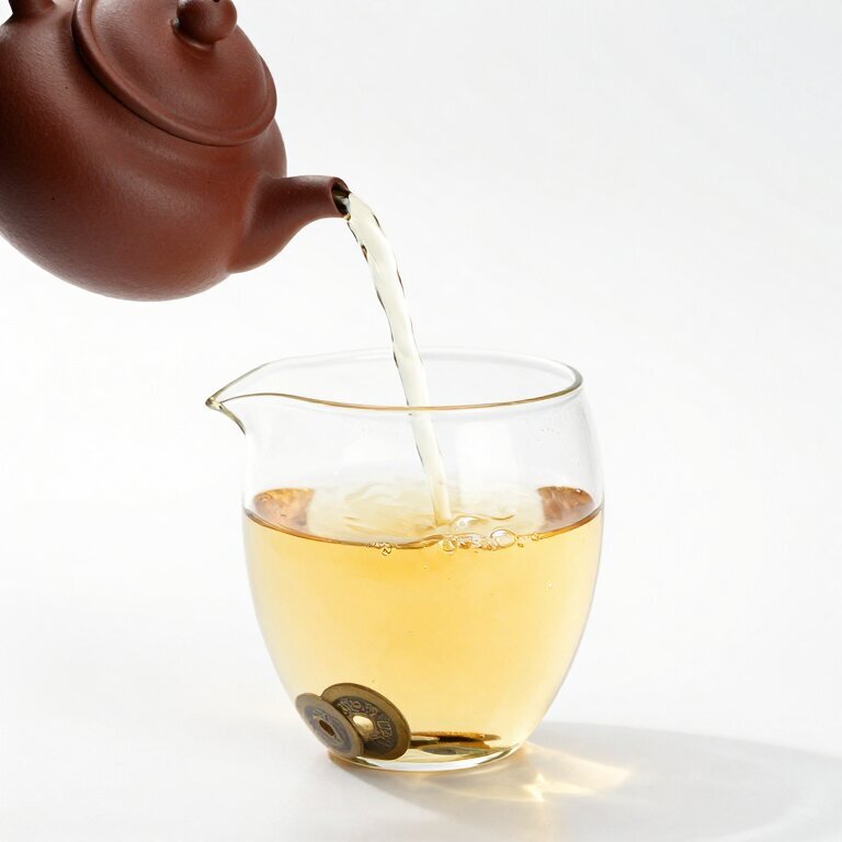 一只手工陶壶往玻璃公道杯里注茶,茶汤澄澈金黄,水汽蒸腾中能看到杯底沉着几枚铜钱,画面干净有禅意