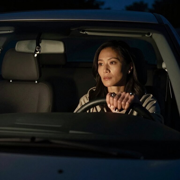 一个32岁女人坐在熄了火的车里,透过前挡风玻璃若有所思,夜灯微亮,车内安静