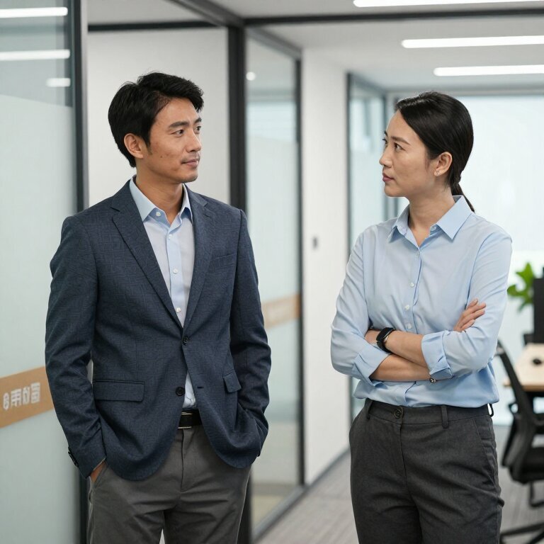 两个同事在办公室隔着走道对望，一个表情轻松一个若有所思