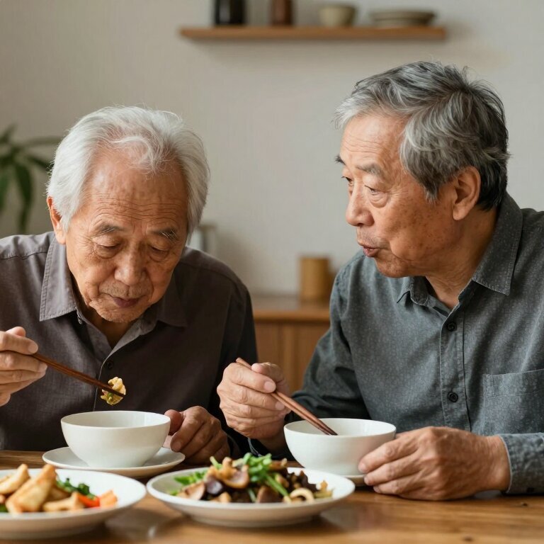 一对老年夫妻在饭桌上，一个人低头吃饭，另一个在说话，气氛安静但不冰冷