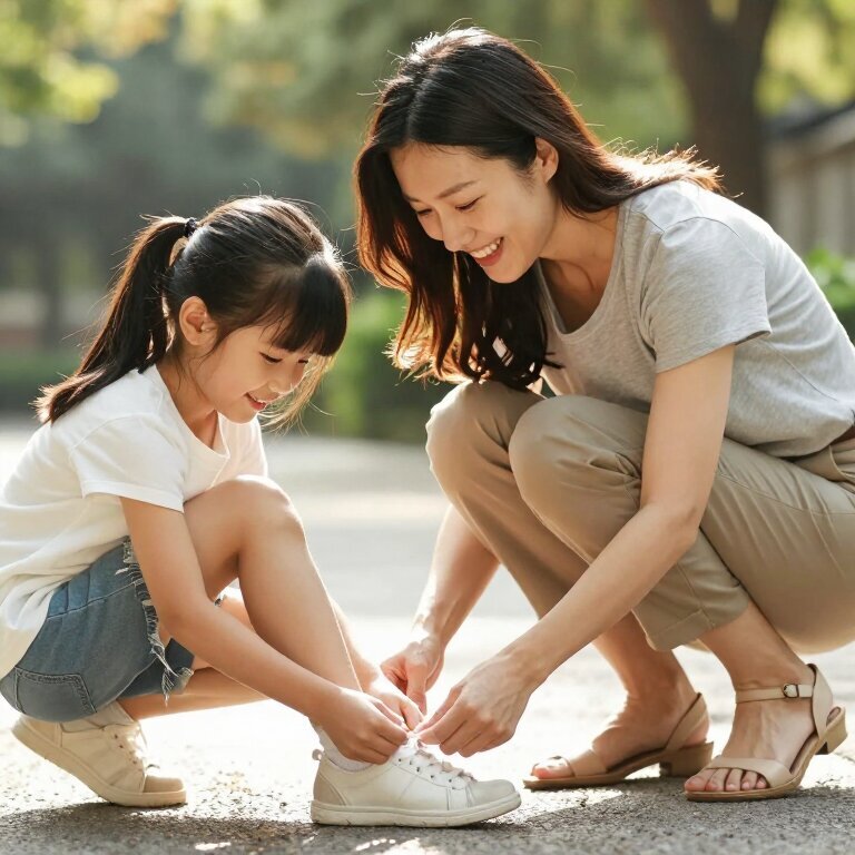 一个成年女性蹲下来，正在帮一个小女孩系鞋带，阳光下两个人都在笑