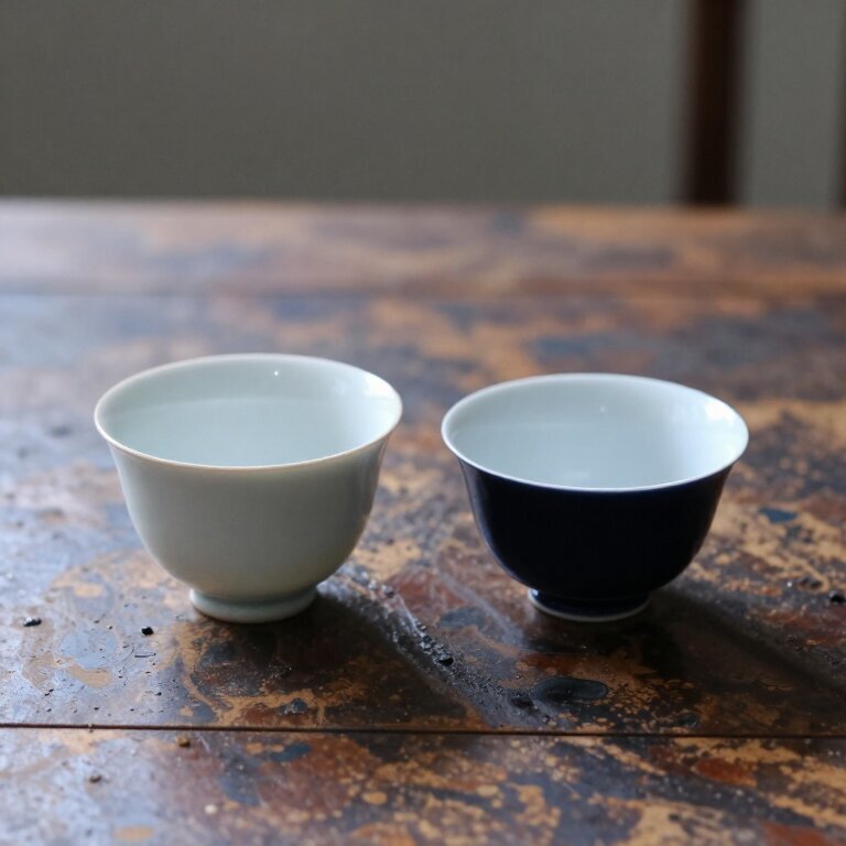 一张旧桌子上放着两个不同颜色但同样大小的茶杯，一左一右