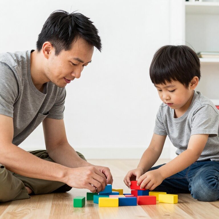 一个父亲和一个小男孩面对面坐在地板上搭积木，画面明亮温暖