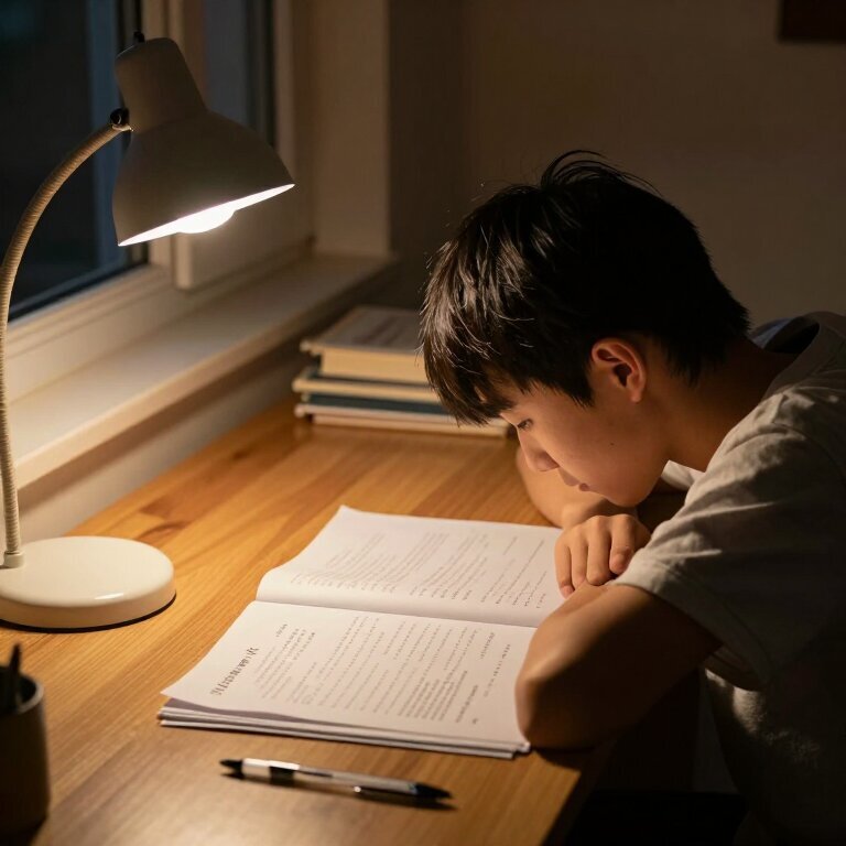 深夜台灯下，一个男孩趴在书桌前，桌上摊开试卷和笔，窗外夜色深沉，暖黄灯光映在试卷上