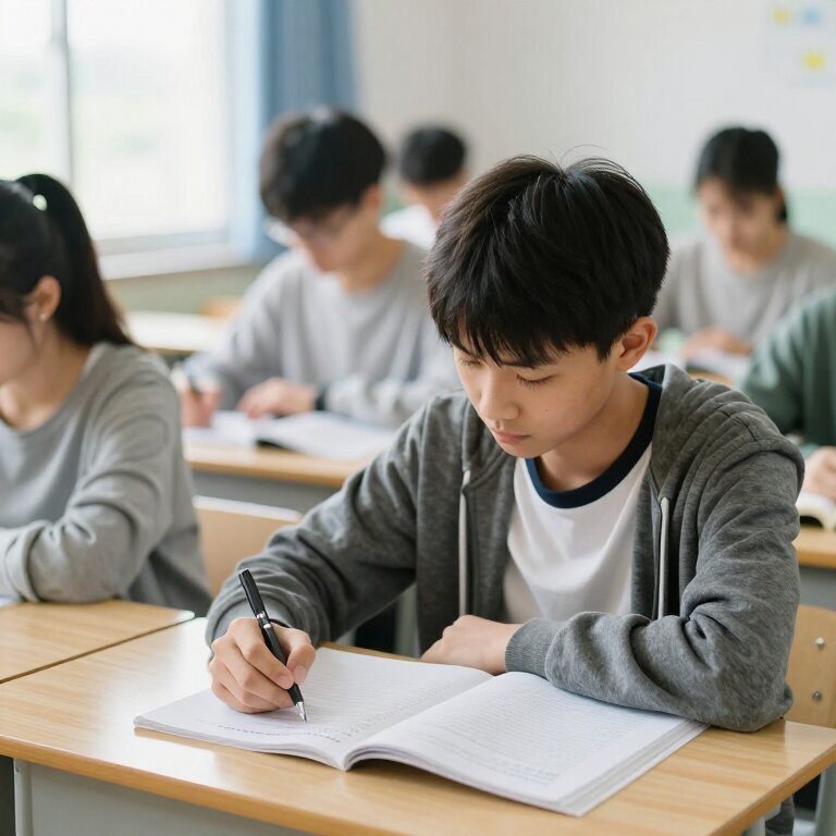 一个男孩坐在考场里，周围考生低头答题，窗外阳光透过窗帘洒在桌面上，他深吸一口气，握紧笔