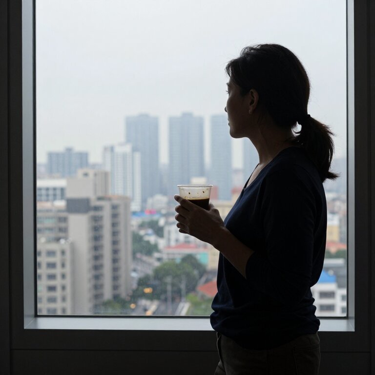 一个四十岁女人站在办公室窗前往外看，侧面剪影，窗外是灰蒙蒙的城市天际线，她手里端着一杯凉掉的咖啡