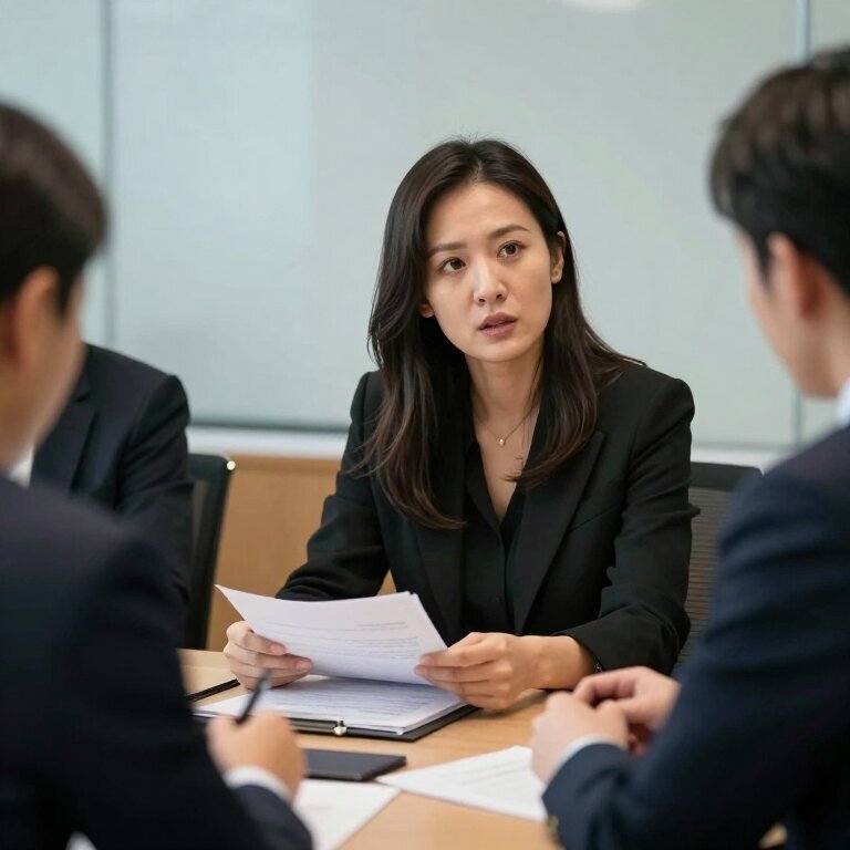 会议室里一个女人欲言又止的画面，桌上摊着资料，周围同事在讨论，她微微张嘴但没有出声，画面安静而有张力