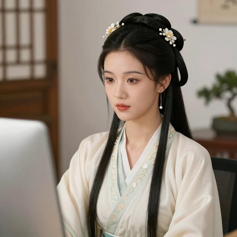 一个年轻女生坐在办公桌前，面前摆着一支口红和一面小镜子，窗外午后的阳光照进来，她看着镜子若有所思