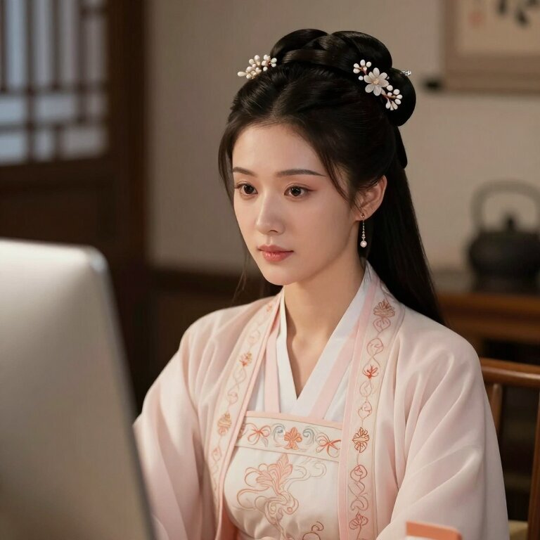 一个穿深蓝色连衣裙的年轻女性侧身坐在窗边，阳光透过百叶窗在她身上打出细碎光影，她捧着杯子安静而笃定