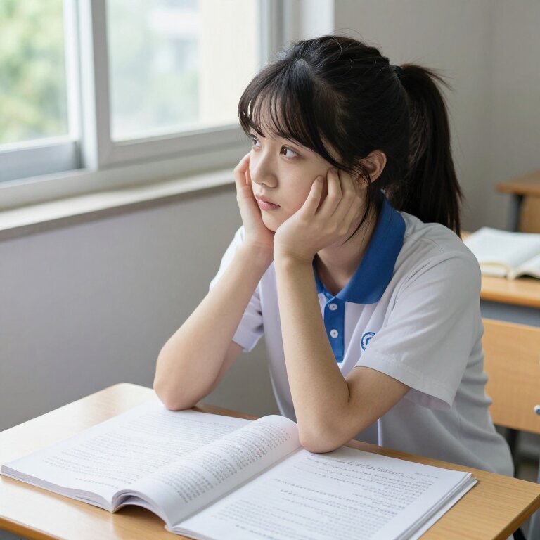 教室中一个扎马尾的高三女生托腮望着窗外，桌上是摊开的试卷，阳光洒在书页上，眼神里透着聪明但游离