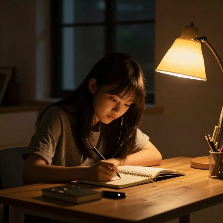 深夜书桌前，女孩专注地在笔记本上写东西，台灯暖黄，窗外一片漆黑，安静而投入的氛围