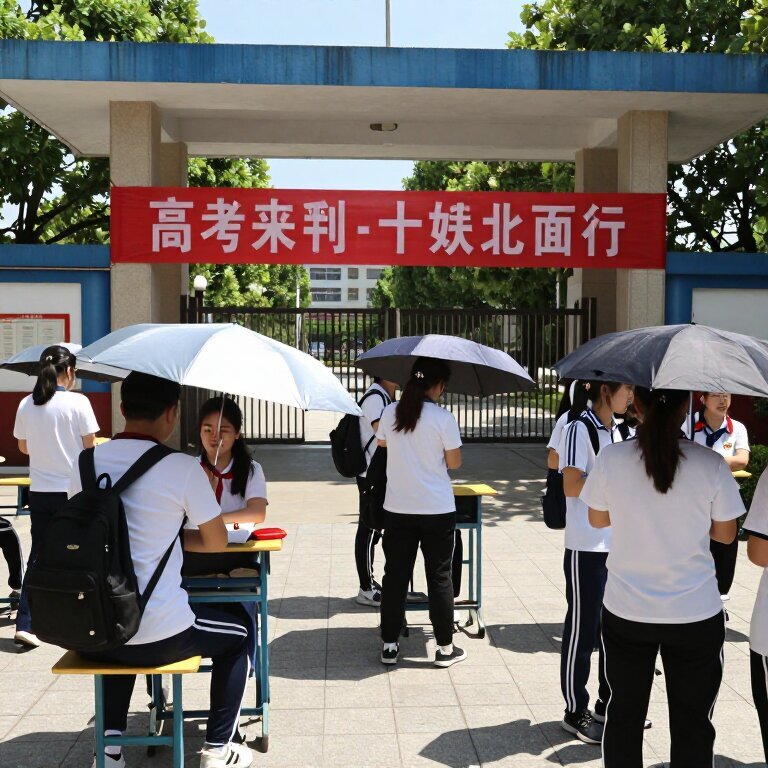 高考考场外，阳光炽烈，家长们撑着伞焦急等待，校门口拉着红色横幅，充满期待与紧张