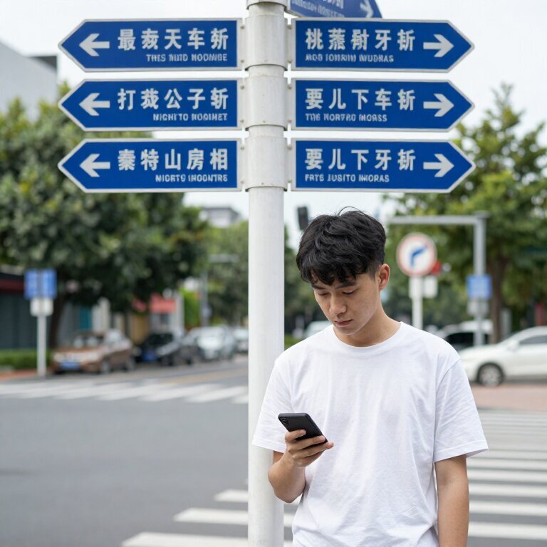 一个年轻人站在十字路口,面前有多个方向的路牌,他手里拿着手机像是在查导航,表情笃定