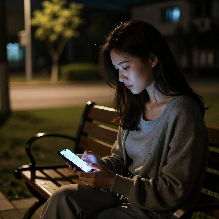 一个三十多岁的女人晚上坐在小区长椅上，手机屏幕亮着，上面是业主群的聊天记录，她低着头，路灯把影子拉得很长