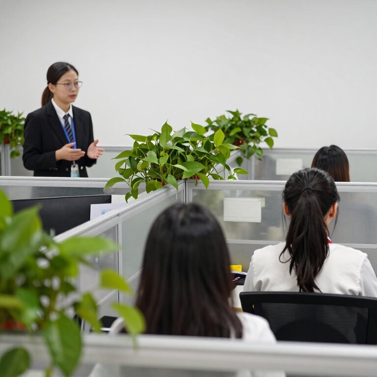 一个办公室格子间，两个女同事的背影，其中一个正跟领导说话，另一个坐在自己工位上，隔着一排绿萝，画面有点疏离感