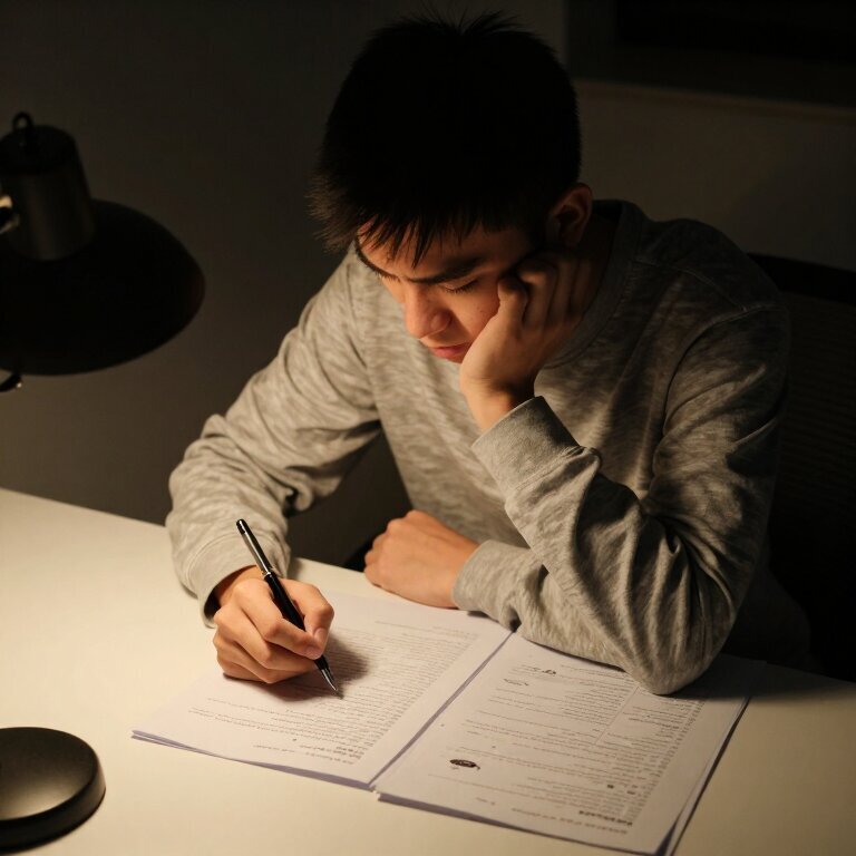 一个男生深夜坐在书桌前，台灯昏黄，面前摊着试卷，右手转着笔，眉头微锁