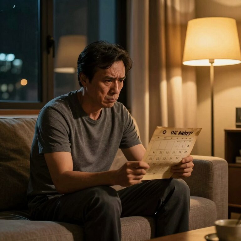 一个52岁的中年父亲深夜独自坐在客厅沙发上，手里拿着一张发黄的旧日历纸，侧脸被落地灯的黄光打亮，表情不是愤怒而是困惑，窗外是城市的夜景
