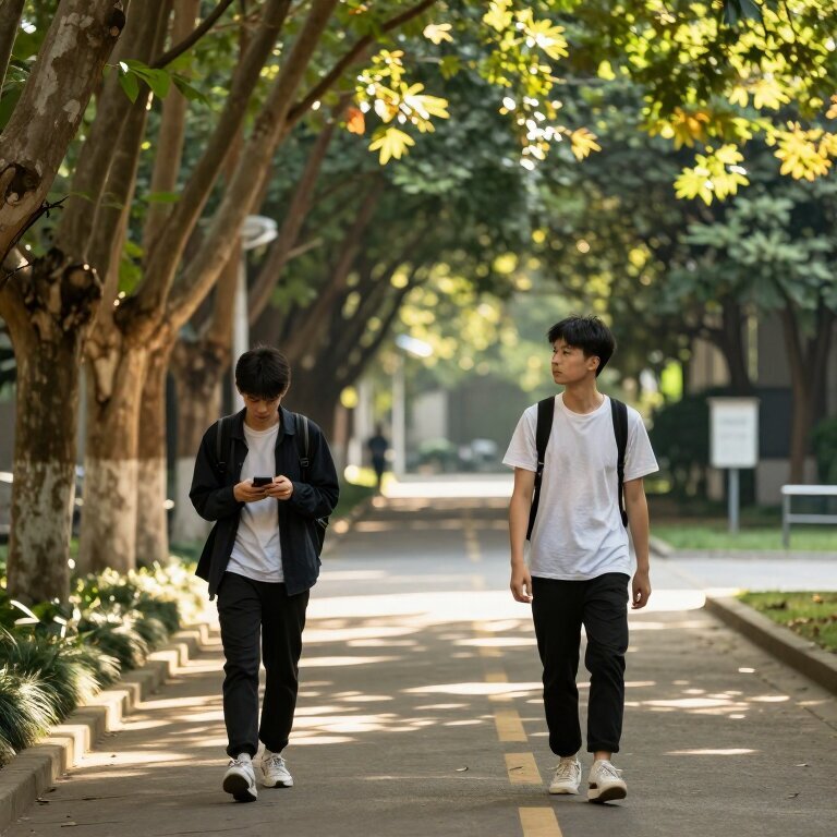 大学校园林荫道上，两个大学生各自独行，一个低头看手机一个望着远处，阳光透过树叶洒在地面，氛围安静又略带孤独