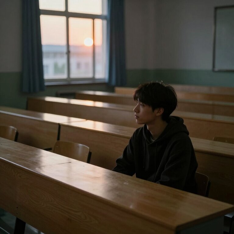 一个年轻人独自坐在空荡的大学阶梯教室里，桌面倒映着窗外夕阳，光线斜照，氛围安静又有些迷茫