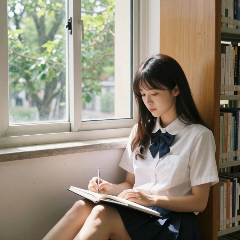 一个穿校服的女生独自坐在图书馆窗边，阳光透过玻璃照在她的笔记本上，表情平静专注，窗外是初夏的绿树