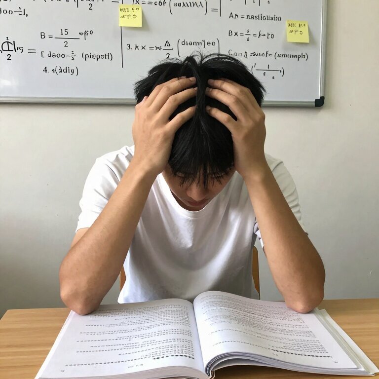 一个穿白色T恤的男生坐在书桌前，桌上摊着厚厚的习题，他双手撑着额头，表情疲惫，墙上贴满了公式和便签