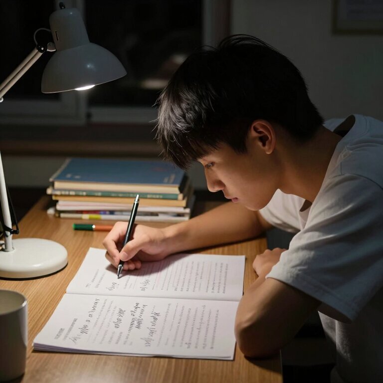 深夜的书桌前，一个高中男生低着头，台灯只照亮了半张卷子和他的侧脸，笔停在草稿纸上一行没写完的公式，窗外漆黑一片，他眼神涣散，盯着某个看不见的地方出神