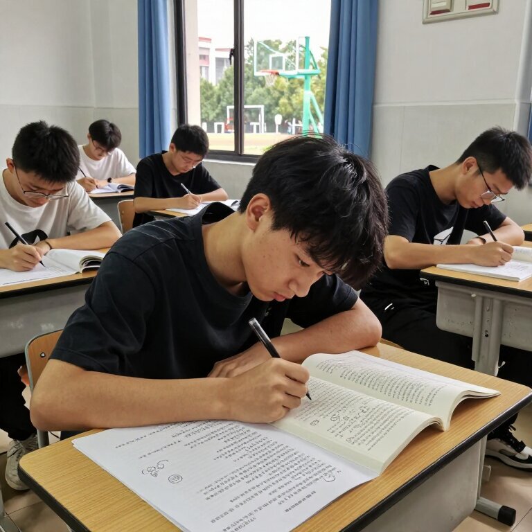 下午自习课的教室里，大多数同学埋头写题，靠窗的男生却对着摊开的课本转笔，桌上草稿纸画满了随手涂鸦的小人，他眼神飘向窗外操场上的篮球架，表情烦躁又无奈