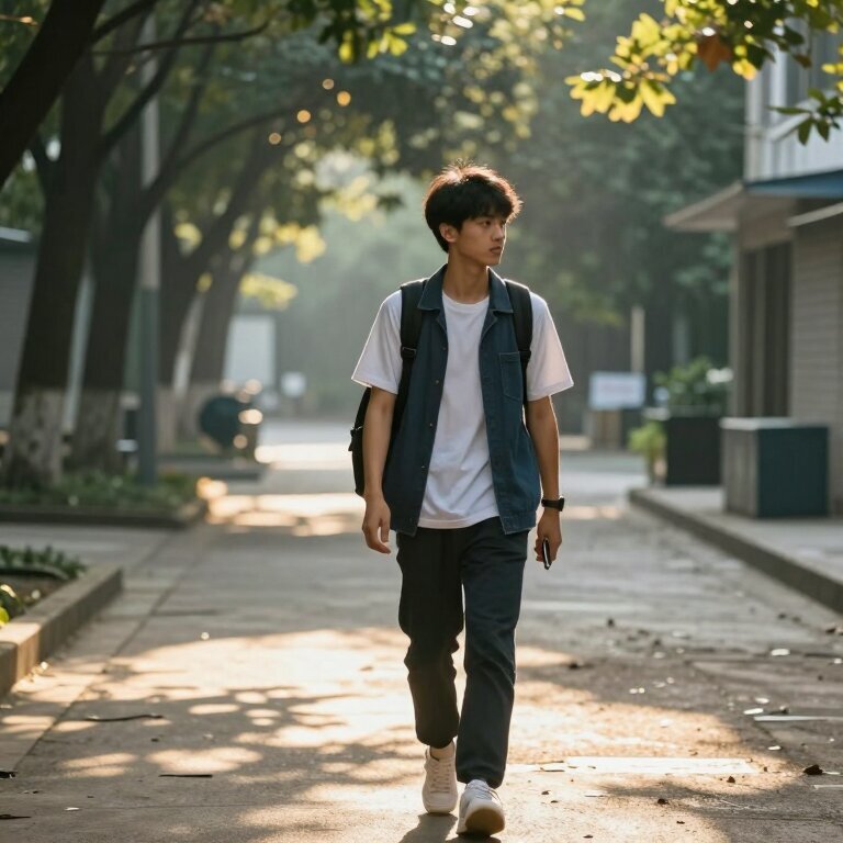清晨的校园小路上，一个背着书包的男生慢慢走着，朝阳从树叶间漏下斑驳的光落在他肩膀上，手里没拿手机，步伐不紧不慢，表情安静从容