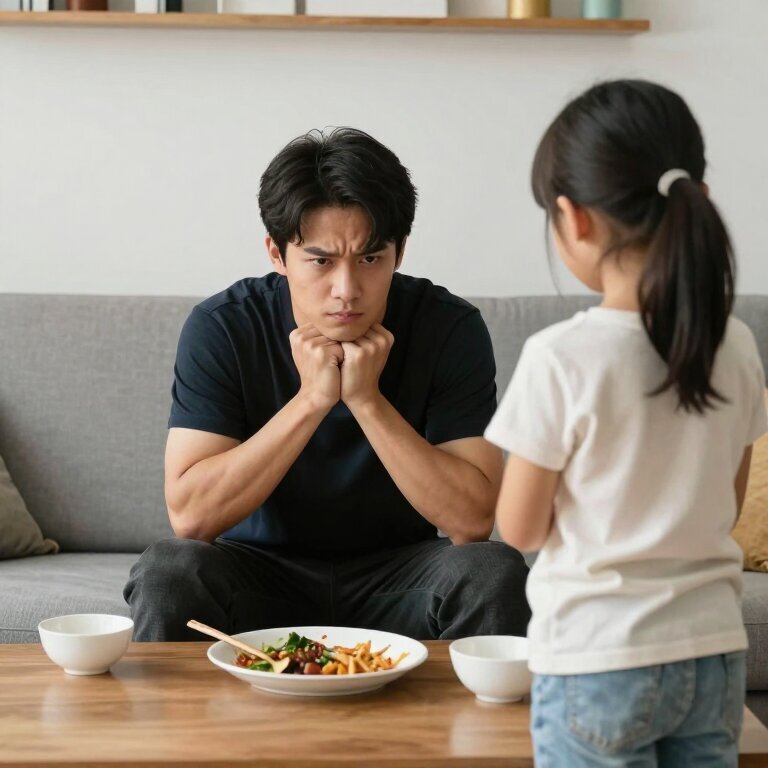 一个二十岁上下的男生坐在客厅沙发上，双手抱胸眉头紧锁，面前的茶几上放着一盘剩菜，旁边站着一个扎马尾的小女孩背对着他，空气里全是沉默