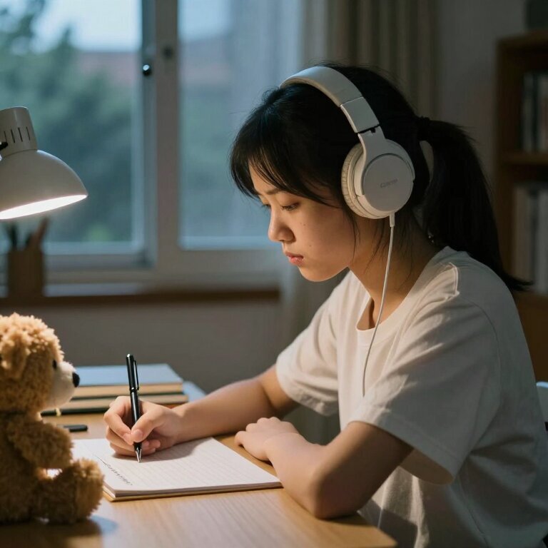 一个十六七岁的女孩坐在自己房间的书桌前，戴着耳机低头写字，窗外黄昏的光照在她侧脸上，表情平静但嘴角抿得很紧，桌上放着一只旧毛绒玩具