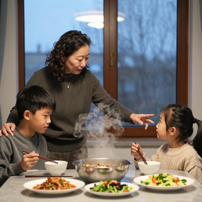 一位中年母亲坐在餐桌旁，左手边坐着低头的儿子右手边坐着侧脸看窗外的女儿，母亲一只手搭在儿子肩上另一只手伸向女儿，桌上饭菜冒着热气但三人都没动筷子，窗外是冬日傍晚的灰蓝色天空