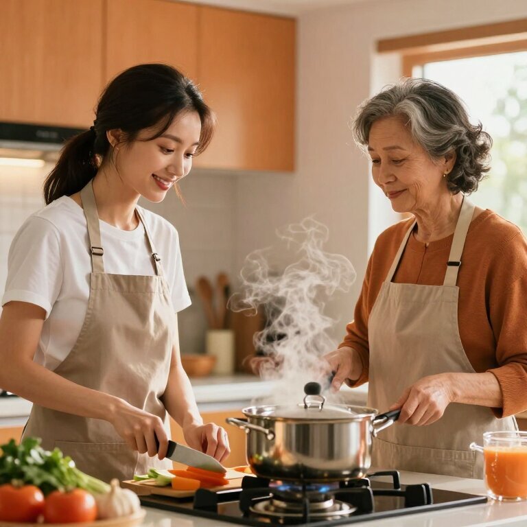 一位年轻女子和一位年长女性在厨房并肩站着，两人都围着围裙，一个在切菜一个在炒菜，蒸锅冒着白色热气弥漫在两人之间，橘色的灯光照在她们脸上，虽然是侧脸但能看到嘴角微微上扬
