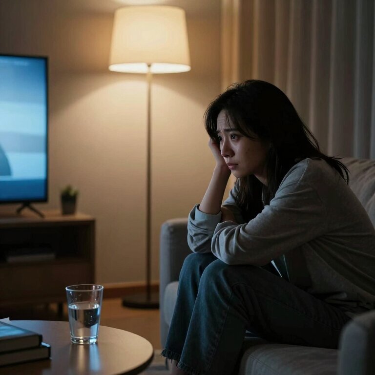 深夜客厅只亮着一盏落地灯,一个女人蜷在沙发上,手边放着凉掉的半杯水,眼睛看着电视却根本没在看,脸上有刚吵完架的疲惫和没说出口的委屈