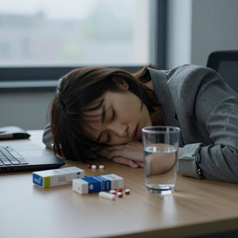 一个疲惫的女人伏在办公桌上,桌上散落着几盒药和一杯半空的水,窗外天色阴沉没有阳光