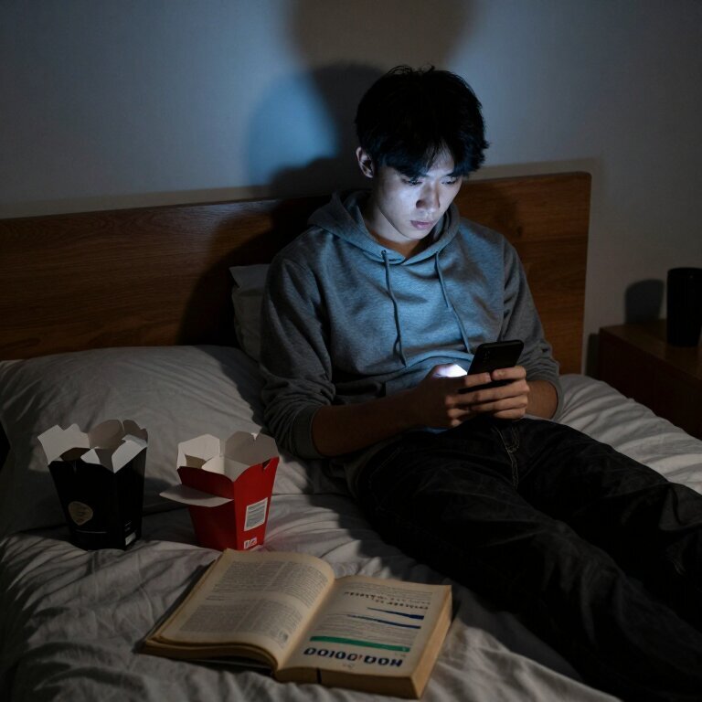 一个年轻男人深夜坐在出租屋床上,手机屏幕亮着映在他疲惫的脸上,周围散落着外卖盒和几本翻旧了的理财书,眼神空洞