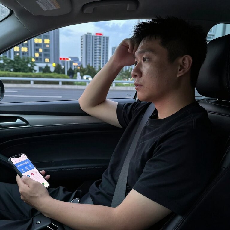 一个三十出头的男人坐在轿车驾驶座上,手机屏幕亮着统战部入驻抖音的新闻,车窗外是傍晚写字楼的灯光,他表情疲惫又迷茫