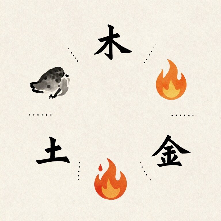 一张中国传统五行相生相克的简洁示意图，木火土金水围成圆圈，用柔和的水墨风格呈现，缺角部分用虚线标注