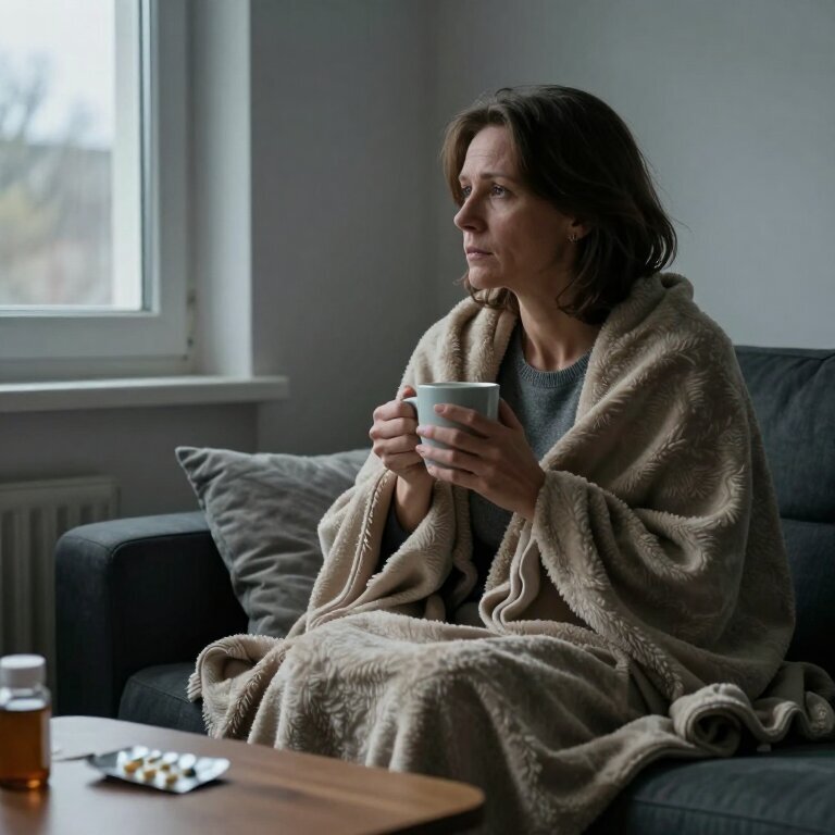一个中年女人坐在沙发角落里，身上披着毯子，手里端着热水杯，眼神暗淡无力地望着窗外阴天，旁边茶几上放着没吃完的药